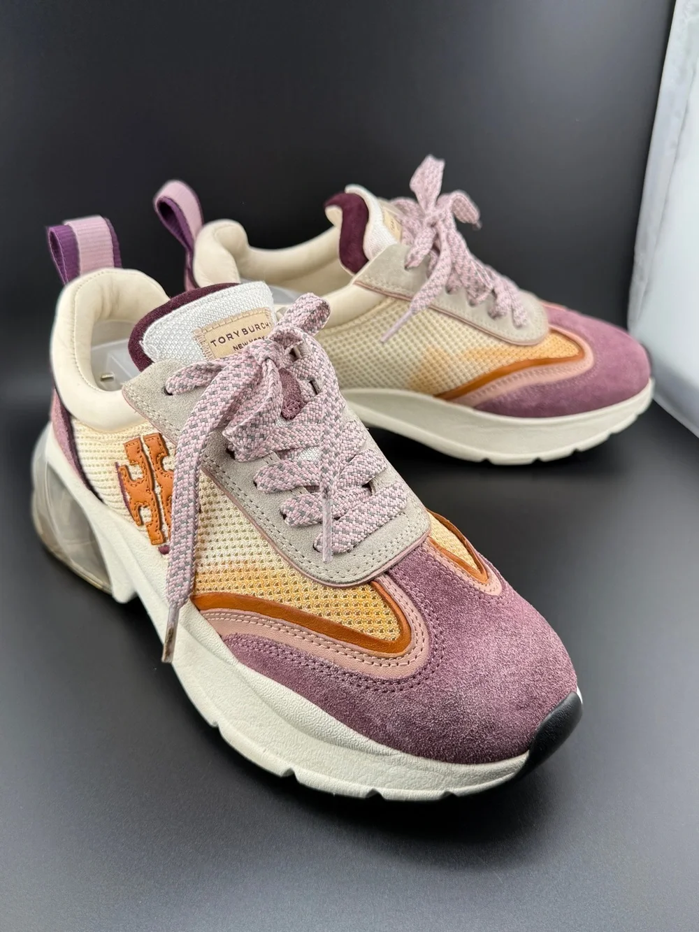 Tory Burch Good Luck Bubble Trainer Suede Sneakers Cream Arancio Purple Size 6